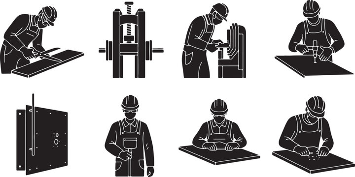 6 Black Solid Sheet Metal Worker Silhouettes Set on White Background