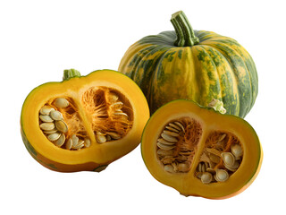 Green and yellow pumpkin with cut halves showing seeds inside isolated on transparent background