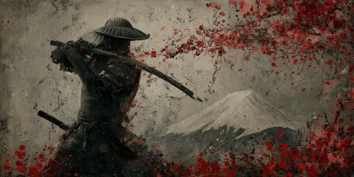 Japanese, Japan samurai stands poised with a sword, cherry blossoms framing the scene. mount looms in the background, blending tradition and nature.