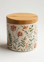 Decorative floral ceramic canister with bamboo lid.