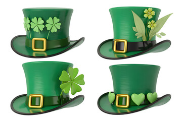 Four green top hats with shamrocks and gold buckles on transparent background