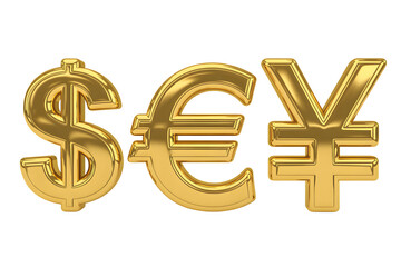 Golden currency symbols isolated on transparent background