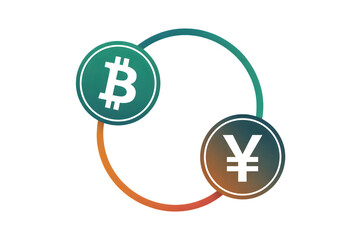 Bitcoin and yen currency symbols in interconnected circles isolated on transparent background