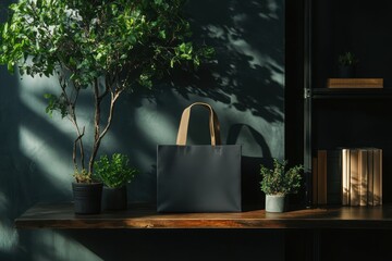 Dark reusable tote bag displayed on a wooden shelf amongst plants.