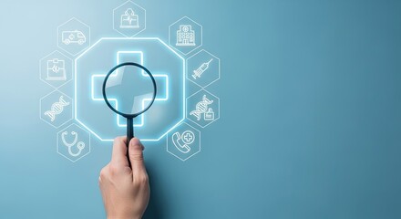 Fototapeta premium Hand holding magnifying glass over medical cross and healthcare icons on blue background.