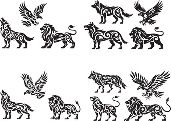 Fototapeta premium Stylized Black Animal Silhouettes with Tribal Patterns