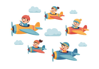 Obraz premium Cute kids flying colorful toy airplanes in the sky with clouds, happy children playing pretend pilots illustration for kids design