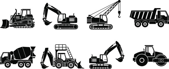 Silhouettes of construction vehicles including bulldozer, excavator, crane, dump truck, cement mixer, backhoe loader, and road roller, heavy machinery illustration for engineering  © Ariful