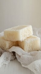 Stacked, translucent, natural sponge-like soap bars.