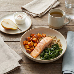 Simple nutritious meal concept for aging adults, neutral colors