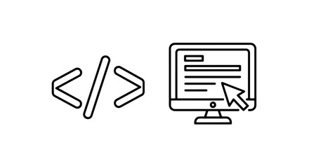 Coding icons: angle brackets and computer with cursor, simple line art