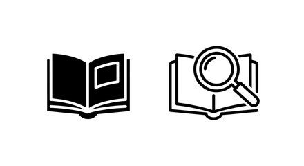 Book icons: solid black open book and outline open book with magnifying glass