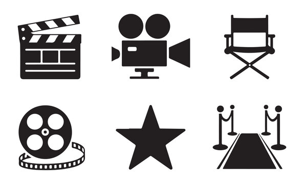 Filmmaking equipment icons including clapboard camera seat film strip star and event carpet entrance vector