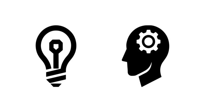 Idea icons: light bulb and silhouette head with gear, representing innovation