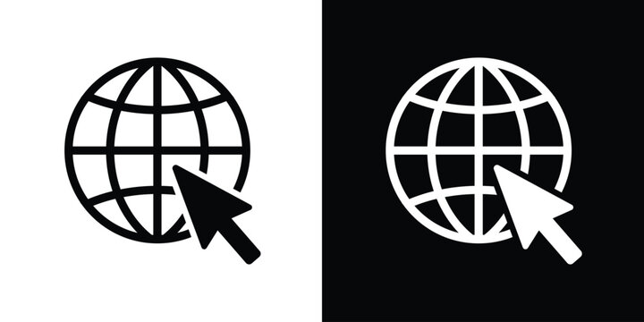 Global web internet vector icon with cursor arrow. Website link, online navigation, and world wide web symbol for digital marketing and tech designs.