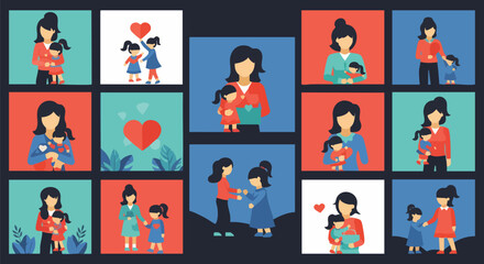 Fototapeta premium Mother and Daughter Love Relationship Family Bonding Collection of Flat Vector Illustrations for Daycare and Parenting Themes.