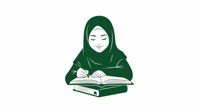 Young Muslim girl in hijab studying and writing in an open book, illustration on white background