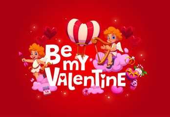 Fototapeta premium Be my Valentine greetings card featuring cherubic angels with hearts, harp, bow and love decorations, promoting romantic and joyful emotions for February 14th or love holiday celebration and greetings