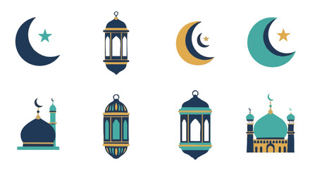 Islamic Symbols and Icons Set: Vector Collection of Crescent Moon, Star, Mosque, and Traditional Arabic Lanterns (Fanous) for Ramadan and Eid Celebrations