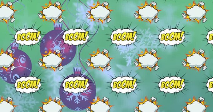 Animation of boom text banners in seamless pattern against hanging bauble decorations and snowflakes