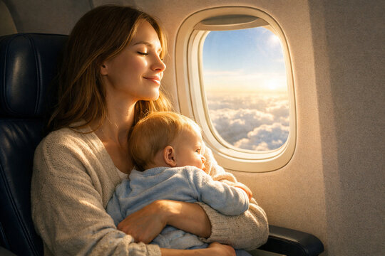 A young mother is flying on a plane with her baby. A woman with a baby is flying on vacation.
