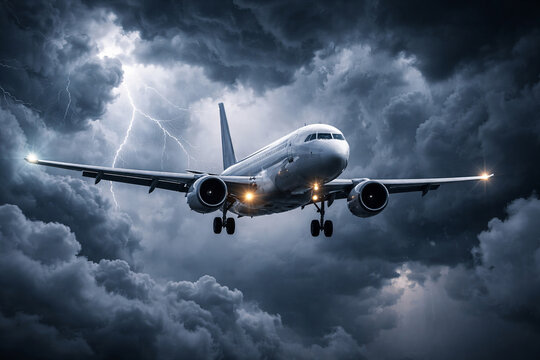 An airplane flies into a hurricane in a stormy sky, during thunderstorms and lightning. Turbulence in flight