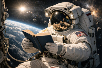 An astronaut reads a book in outer space. Life and leisure on the arbiter.