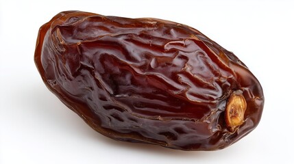 Single Medjool Date on White Background. Close up shot of a single shiny dark brown date fruit isolated on a white background studio shot