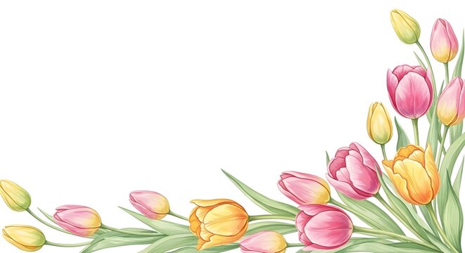Banner de acuarela vectorial con hermosas flores de tulipanes enmarcadas para vacaciones de primavera o verano, d&iacute;a de la mujer, d&iacute;a de la madre, boda.