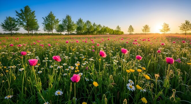 Pradera con muchas flores de margaritas de primavera blancas y rosadas en un d&iacute;a soleado