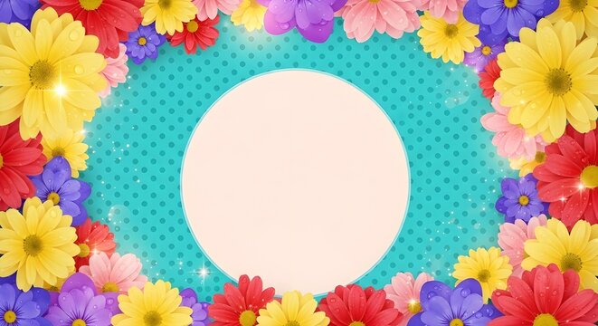 Plantilla de banner vectorial de venta de primavera con elementos de flores coloridas como crisantemo y margarita en el fondo y texto promocional de descuento de temporada de primavera en marco blanco