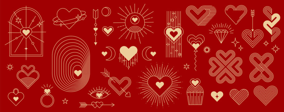Boho Valentine line icons, bohemian love wedding and celestial patterns and motifs on red background. Vector linear romantic elements as arrows, rings, crescent moons and stars for festive decoration