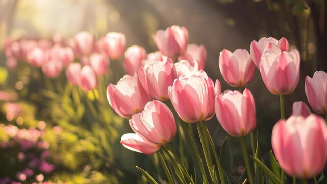 Pink tulips bloom in garden during sunny morning hours