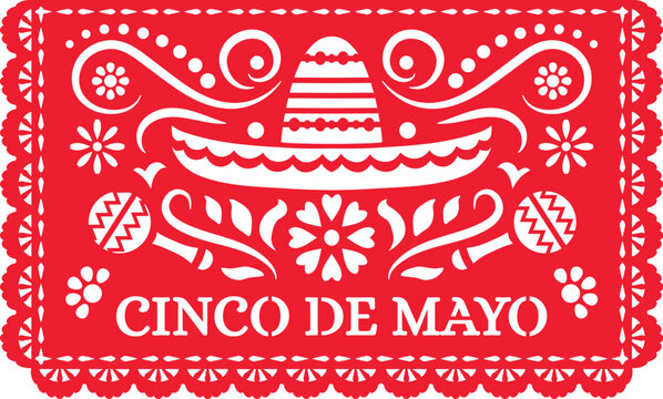 Cinco de Mayo Mexican paper cut papel picado flag for holiday, vector banner. Cinco de Mayo papel picado flag with mariachi sombrero and maracas with marigold flowers in Mexican paper cut ornament