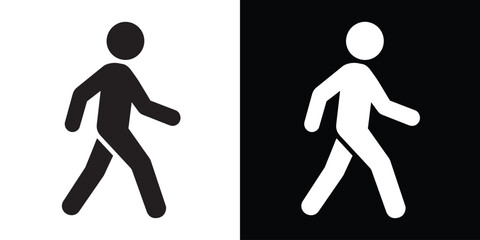 Walking man vector icon. Pedestrian symbol for street signs, fitness tracking, motion, and human activity. Minimalist black and white person silhouette. © bibin
