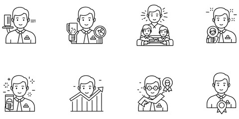 Fototapeta premium Business Icons: Professional Man Set, Teamwork, Analytics, Success, Security, HR & Leadership