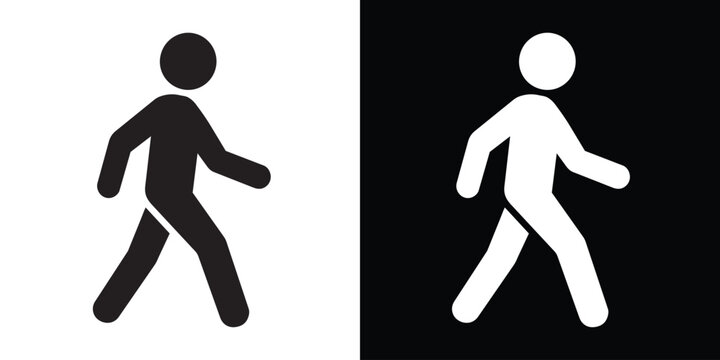 Walking man vector icon. Pedestrian symbol for street signs, fitness tracking, motion, and human activity. Minimalist black and white person silhouette.