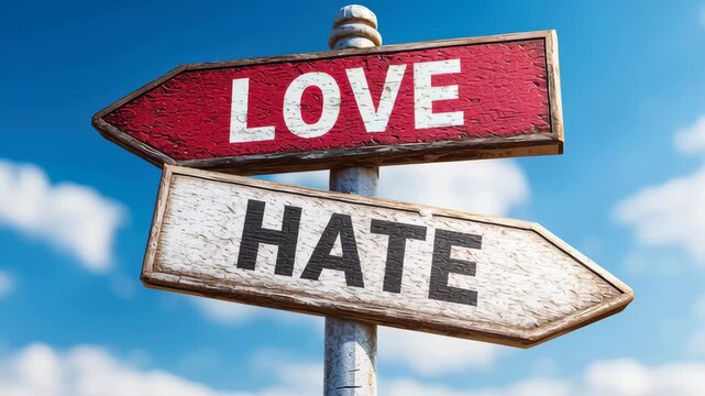 Directions to love and hate with road sign symbols in bright sky