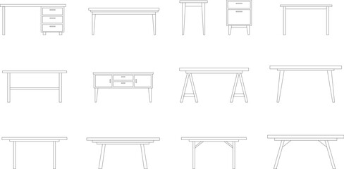 Minimalist Line Art Office Desk and Table Icons Set Featuring Various Structural Designs and Frames Black and White Vector Illustration © Meyto Elements