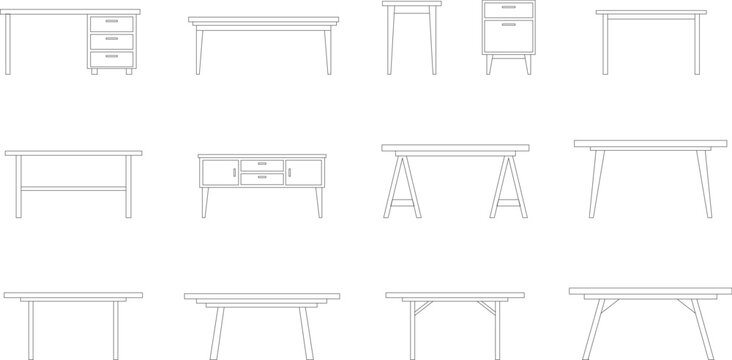 Minimalist Line Art Office Desk and Table Icons Set Featuring Various Structural Designs and Frames Black and White Vector Illustration