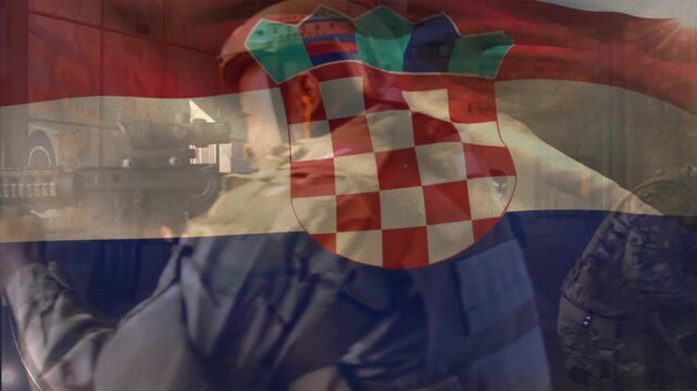 Animation of flag of croatia over diverse male counter terrorists with weapon and terrorists