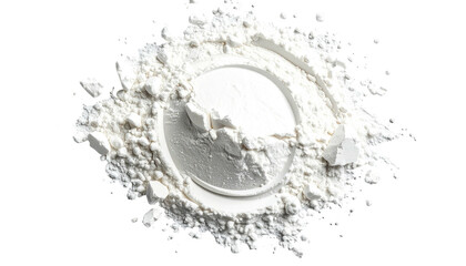 Overhead view of a circular pile of white powder on a dark background