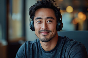 Businessman in Sleek Gray Shirt with Headset at Desk