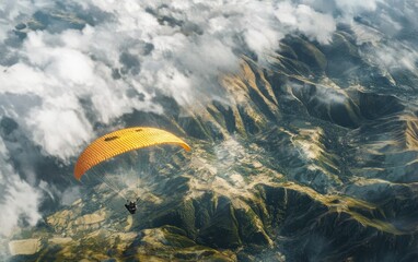 Aerial view of paraglider soaring above rugged mountain range.