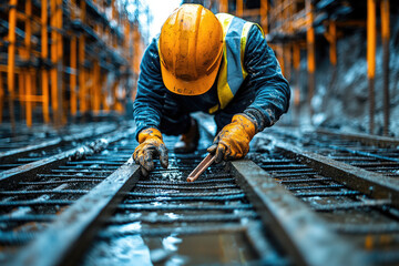 Focused Construction Worker Framing a House Structure