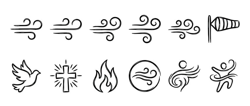 Set of hand-drawn Christian icons representing the Holy Spirit, including a dove, cross, fire, and wind symbols in a simple black and white sketch doodle illustration style