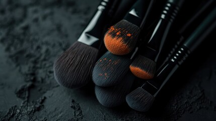 Dusty makeup brushes arranged on a dark surface.