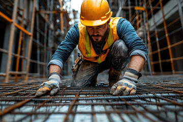 Construction Worker at Work on Steel Framework of an Incomplete Building