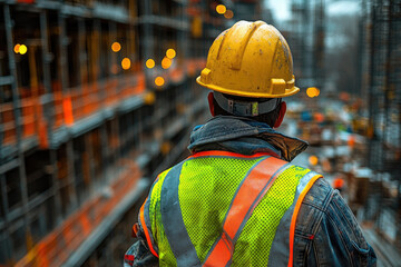 A Construction Worker Kneels on Steel Framework at a Building Site