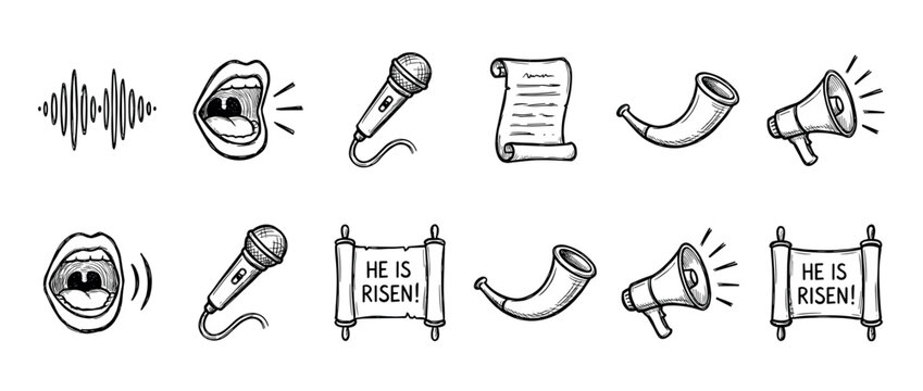 Set of hand-drawn religious proclamation icons in a black and white doodle style, including a shouting mouth, microphone, horn, megaphone, and a scroll with an Easter message